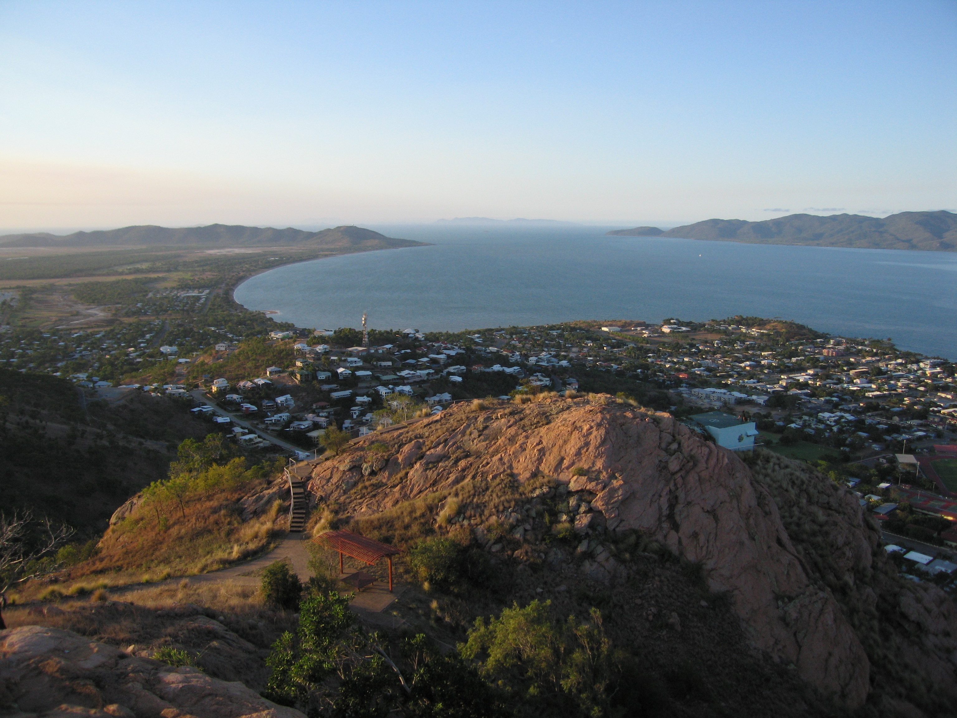 Townsville from Castle Hill, October 2006. Coast, city and dry country.