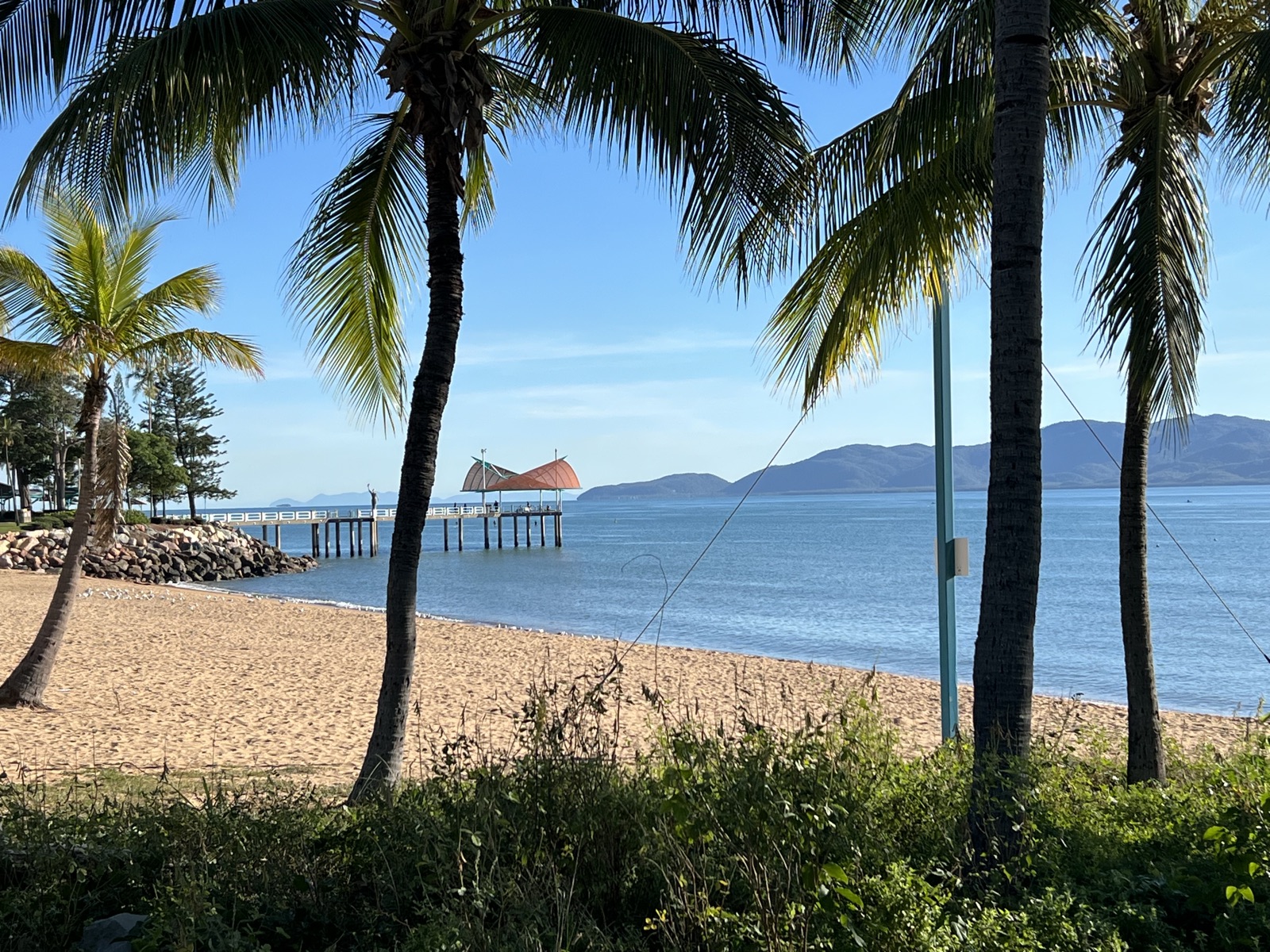 The Strand, Townsville. Beach, palms and jetty, 15 June 2025.